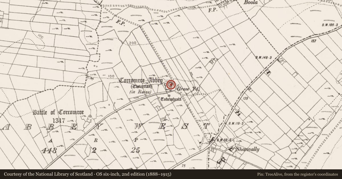 Ordnance Survey six-inch map, 2nd edition (1888–1915) covering the location of Graveslab, Abbey West, County Clare, with a pin at the register's coordinates