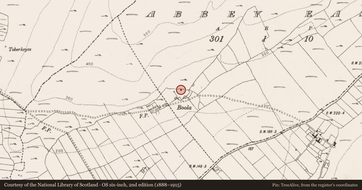 Ordnance Survey six-inch map, 2nd edition (1888–1915) covering the location of Fulacht fia, Abbey East, County Clare, with a pin at the register's coordinates