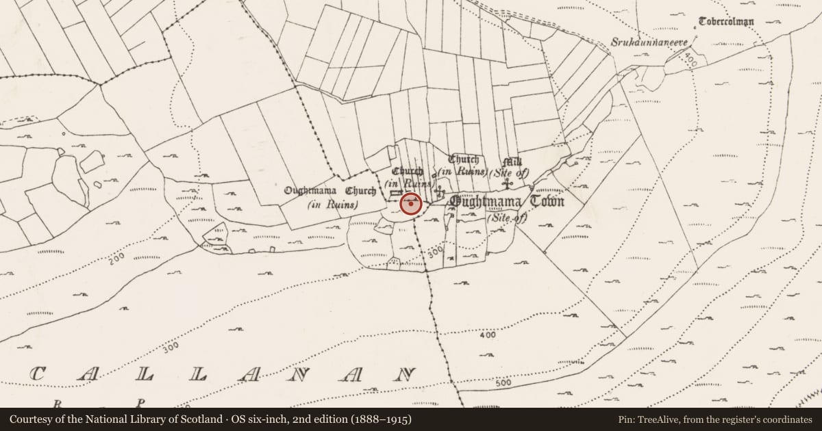 Ordnance Survey six-inch map, 2nd edition (1888–1915) covering the location of Ecclesiastical enclosure, Knockycallanan, Oughtmama, County Clare, with a pin at the register's coordinates