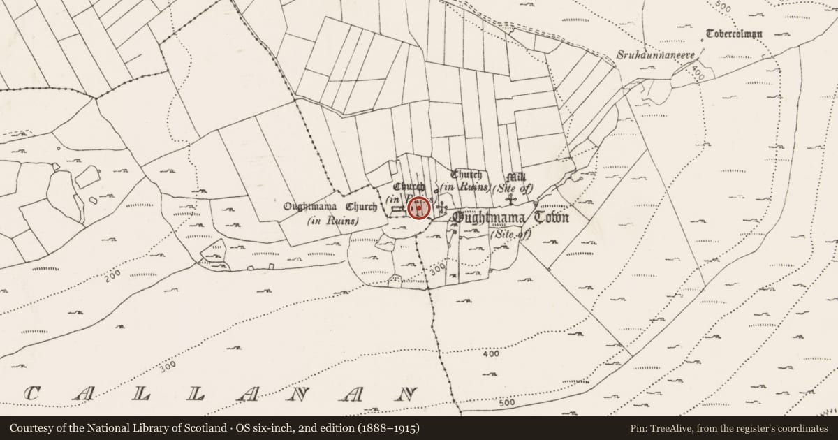 Ordnance Survey six-inch map, 2nd edition (1888–1915) covering the location of Church, Oughtmama, County Clare, with a pin at the register's coordinates