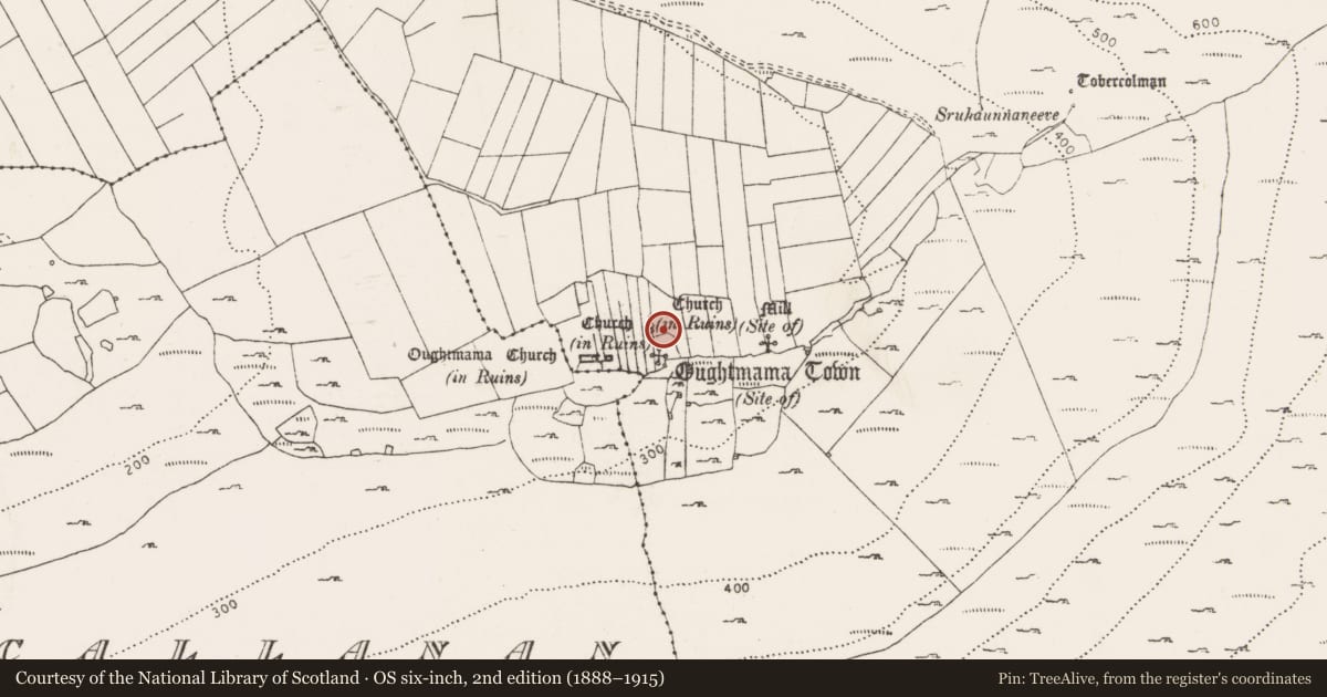 Ordnance Survey six-inch map, 2nd edition (1888–1915) covering the location of Church, Oughtmama, County Clare, with a pin at the register's coordinates