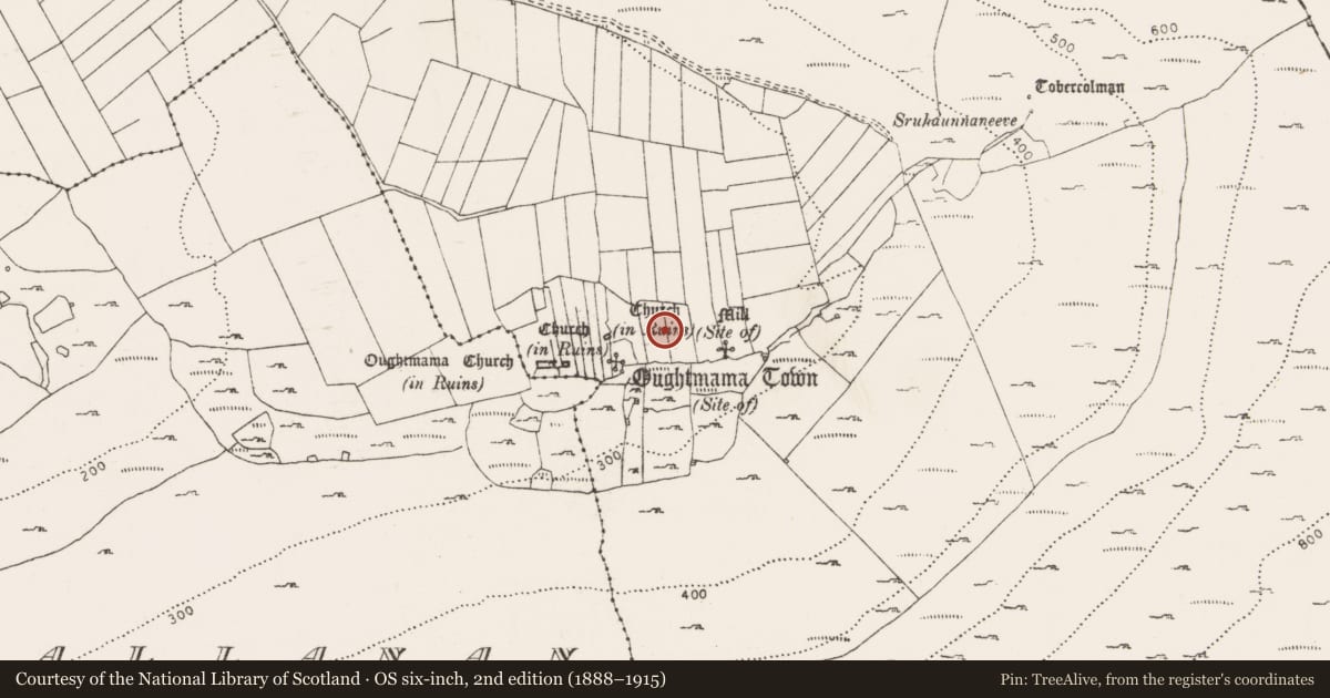 Ordnance Survey six-inch map, 2nd edition (1888–1915) covering the location of Settlement deserted - medieval, Oughtmama, County Clare, with a pin at the register's coordinates