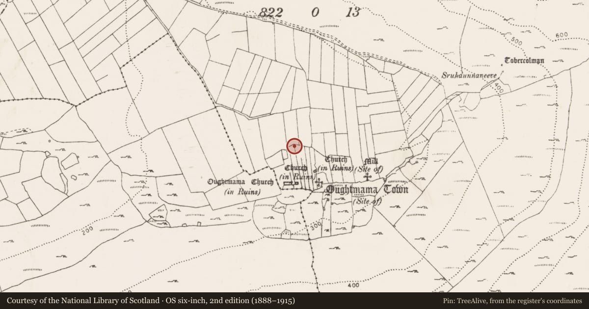 Ordnance Survey six-inch map, 2nd edition (1888–1915) covering the location of Cross, Oughtmama, County Clare, with a pin at the register's coordinates