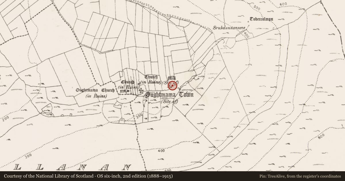 Ordnance Survey six-inch map, 2nd edition (1888–1915) covering the location of Water mill - horizontal-wheeled, Oughtmama, County Clare, with a pin at the register's coordinates