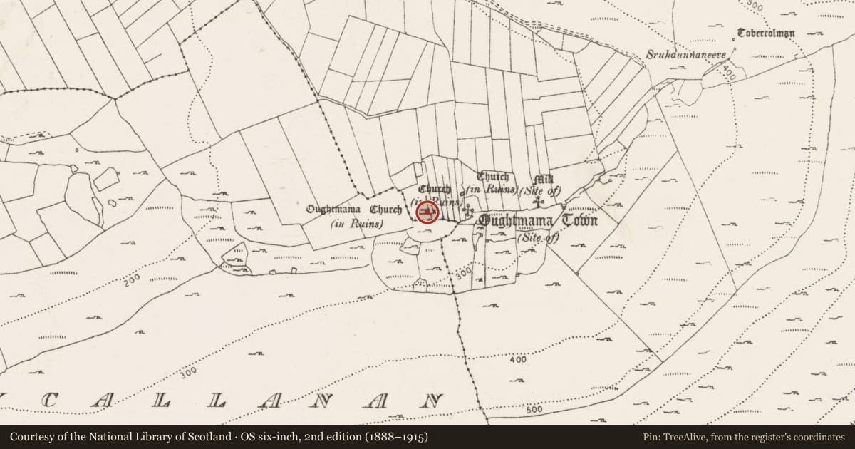 Ordnance Survey six-inch map, 2nd edition (1888–1915) covering the location of Font, Oughtmama, County Clare, with a pin at the register's coordinates