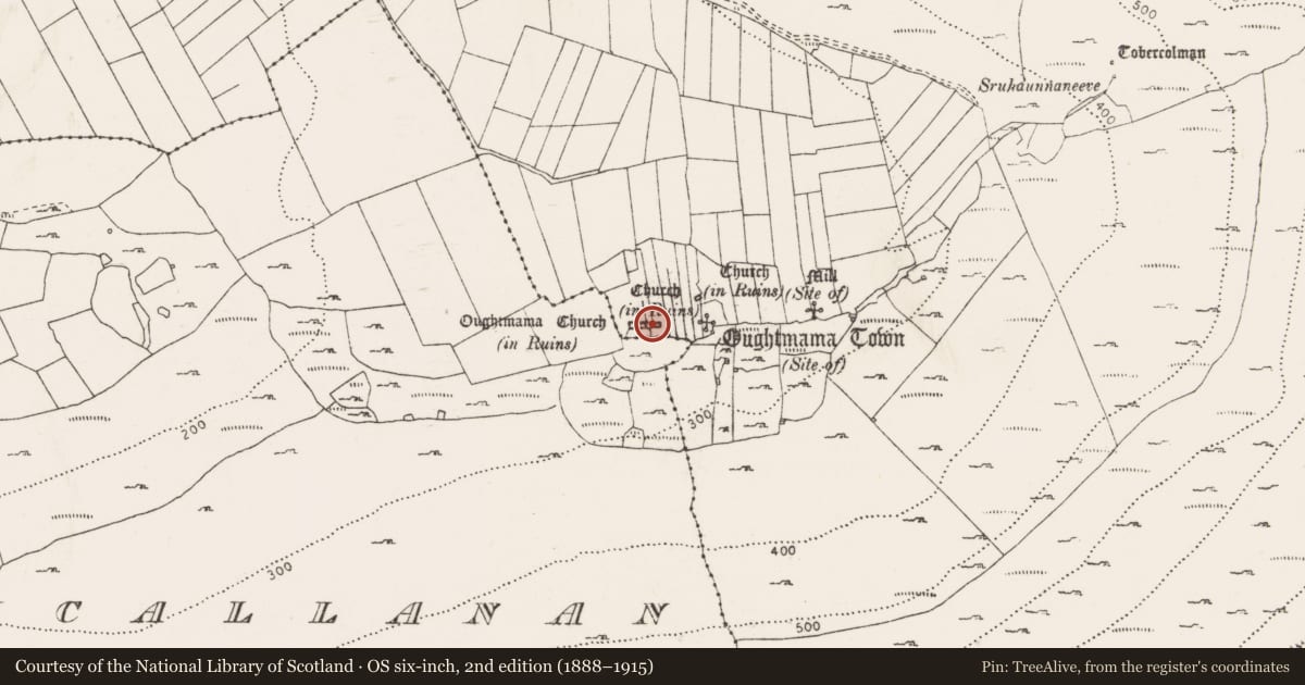Ordnance Survey six-inch map, 2nd edition (1888–1915) covering the location of Burial, Oughtmama, County Clare, with a pin at the register's coordinates