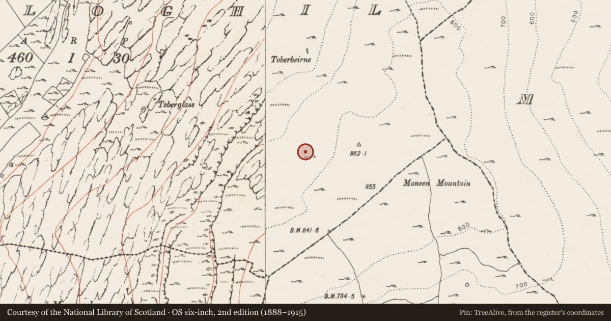 Ordnance Survey six-inch map, 2nd edition (1888–1915) covering the location of Enclosure, Killoghil, County Clare, with a pin at the register's coordinates