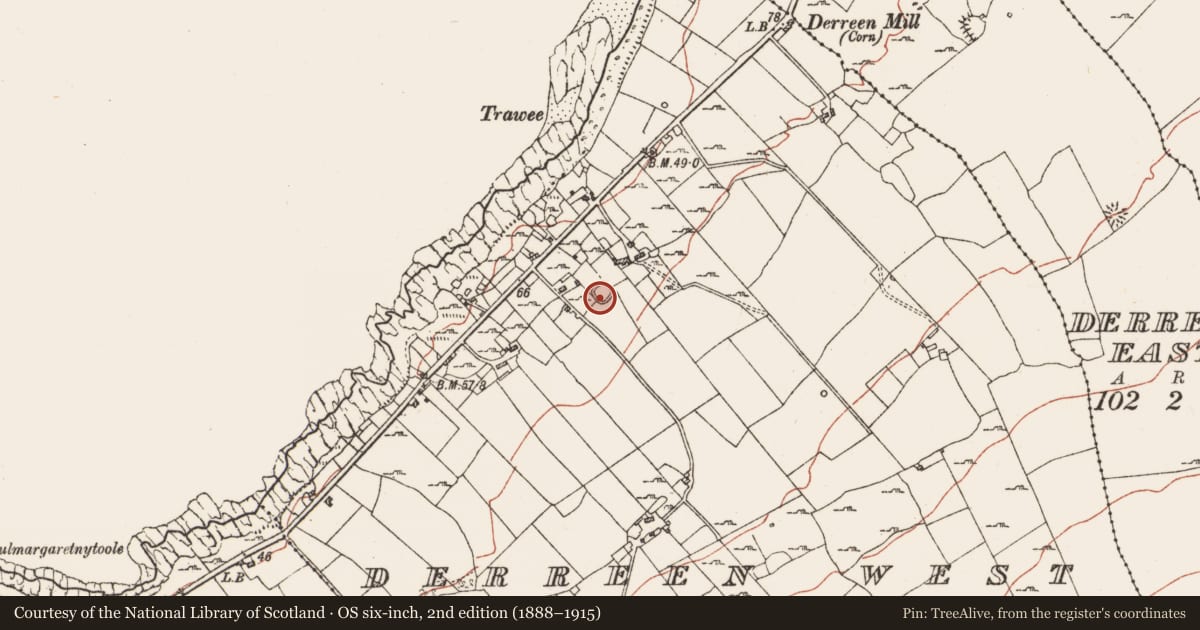 Ordnance Survey six-inch map, 2nd edition (1888–1915) covering the location of Ringfort - cashel, Derreen West, County Clare, with a pin at the register's coordinates