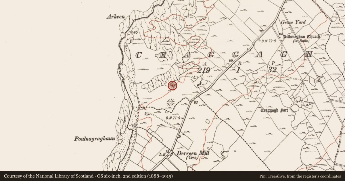 Ordnance Survey six-inch map, 2nd edition (1888–1915) covering the location of Ringfort - cashel, Craggagh, County Clare, with a pin at the register's coordinates