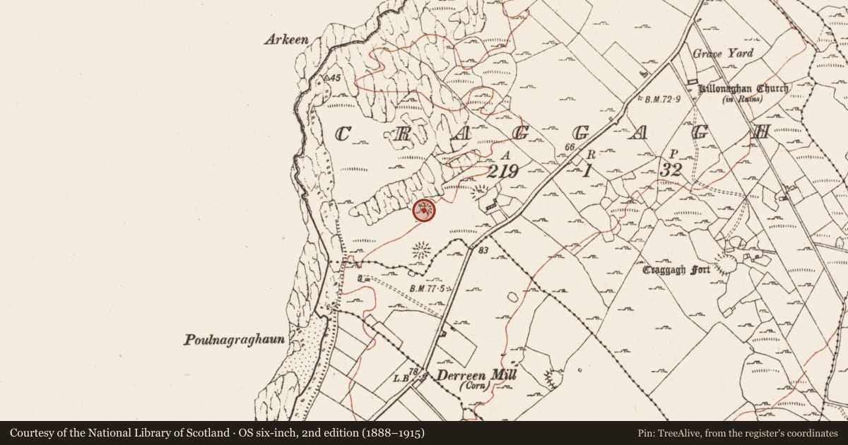 Ordnance Survey six-inch map, 2nd edition (1888–1915) covering the location of Hut site, Craggagh, County Clare, with a pin at the register's coordinates