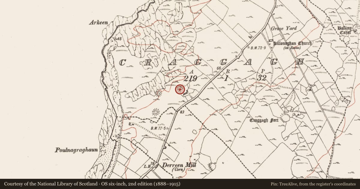 Ordnance Survey six-inch map, 2nd edition (1888–1915) covering the location of Ringfort - rath, Craggagh, County Clare, with a pin at the register's coordinates