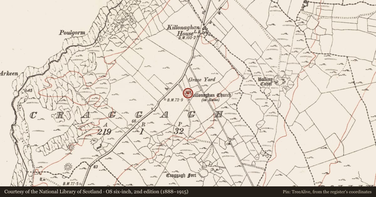 Ordnance Survey six-inch map, 2nd edition (1888–1915) covering the location of Church, Craggagh, County Clare, with a pin at the register's coordinates