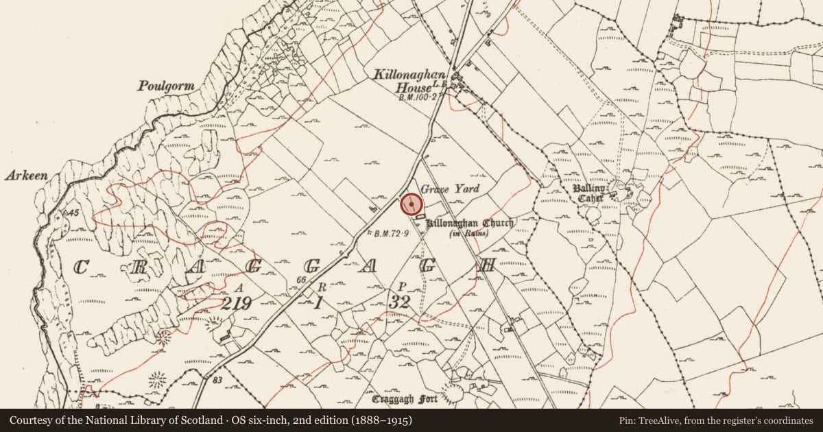 Ordnance Survey six-inch map, 2nd edition (1888–1915) covering the location of Graveyard, Craggagh, County Clare, with a pin at the register's coordinates