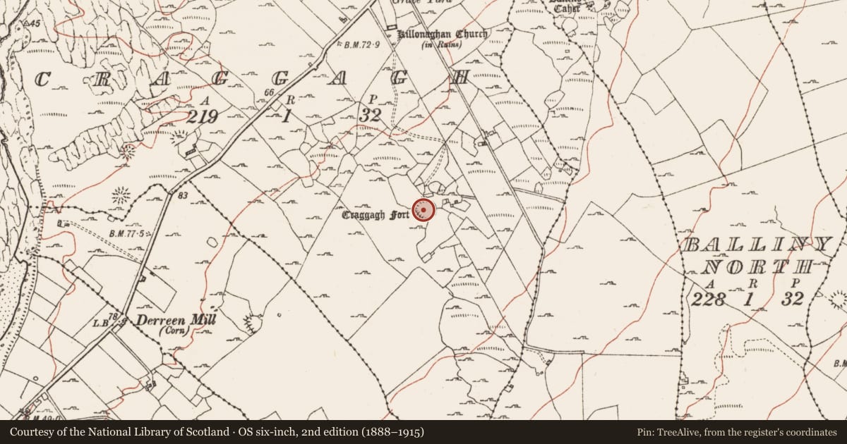 Ordnance Survey six-inch map, 2nd edition (1888–1915) covering the location of Ringfort - cashel, Craggagh, County Clare, with a pin at the register's coordinates