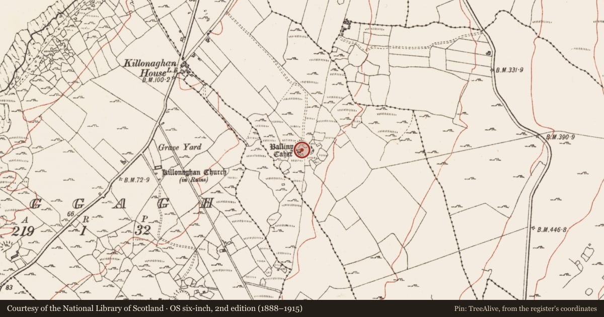 Ordnance Survey six-inch map, 2nd edition (1888–1915) covering the location of Ringfort - cashel, Balliny North, County Clare, with a pin at the register's coordinates