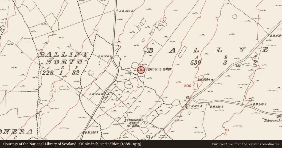 Ordnance Survey six-inch map, 2nd edition (1888–1915) covering the location of House - indeterminate date, Ballyelly, County Clare, with a pin at the register's coordinates