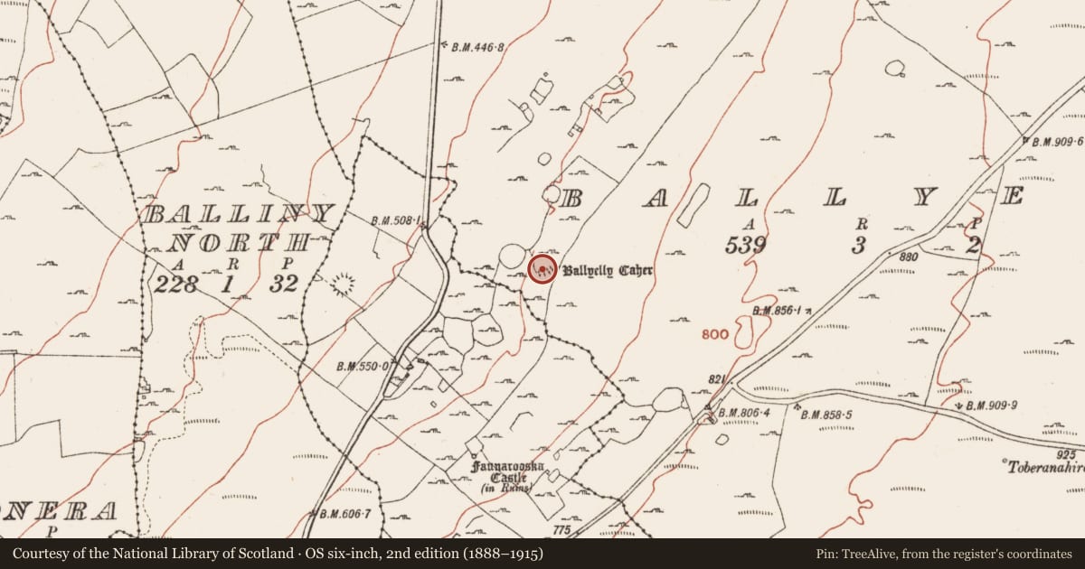 Ordnance Survey six-inch map, 2nd edition (1888–1915) covering the location of House - indeterminate date, Ballyelly, County Clare, with a pin at the register's coordinates