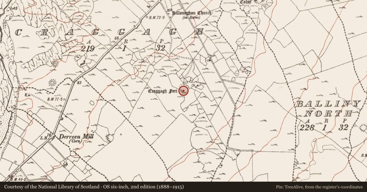 Ordnance Survey six-inch map, 2nd edition (1888–1915) covering the location of Souterrain, Craggagh, County Clare, with a pin at the register's coordinates