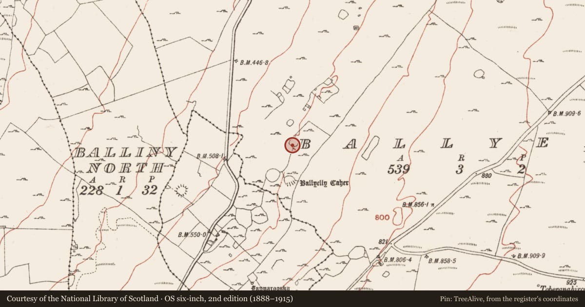 Ordnance Survey six-inch map, 2nd edition (1888–1915) covering the location of House - indeterminate date, Ballyelly, County Clare, with a pin at the register's coordinates