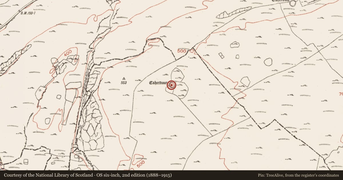 Ordnance Survey six-inch map, 2nd edition (1888–1915) covering the location of Souterrain, Ballynahown, County Clare, with a pin at the register's coordinates