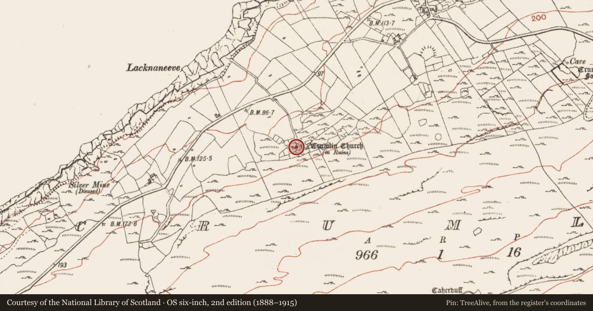 Ordnance Survey six-inch map, 2nd edition (1888–1915) covering the location of Souterrain, Crumlin, County Clare, with a pin at the register's coordinates