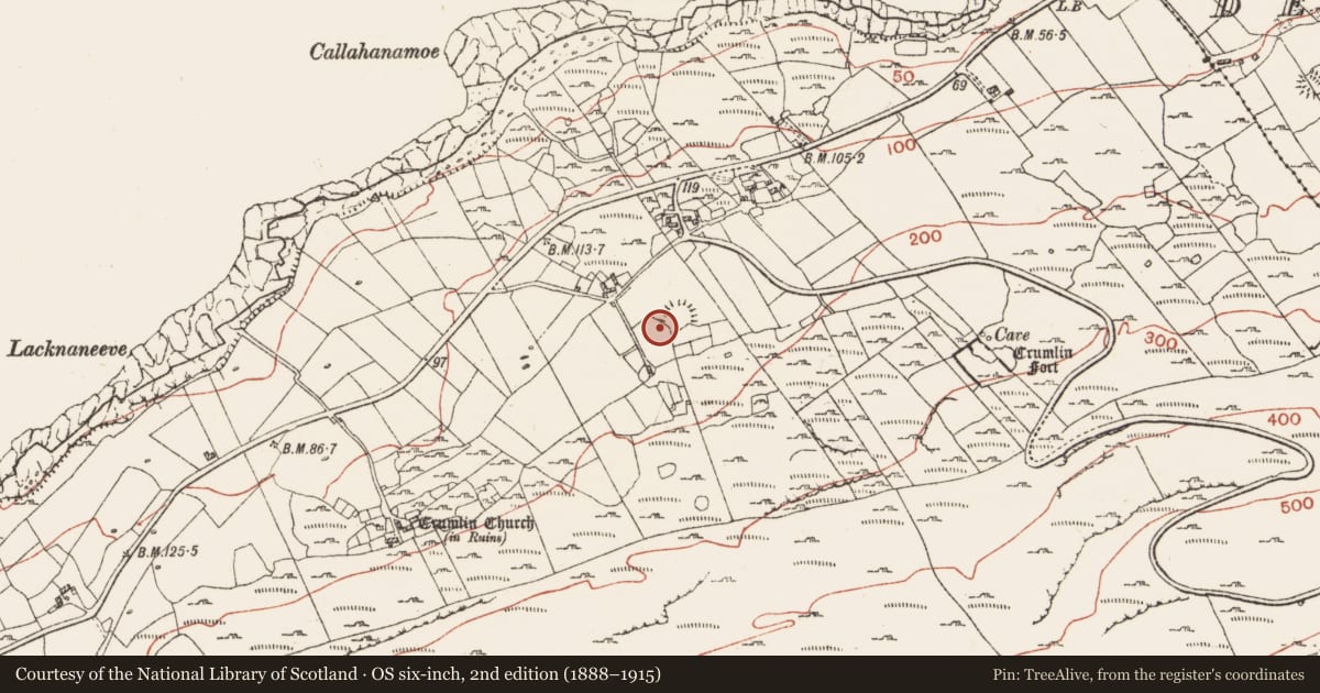 Ordnance Survey six-inch map, 2nd edition (1888–1915) covering the location of Hut site, Crumlin, County Clare, with a pin at the register's coordinates