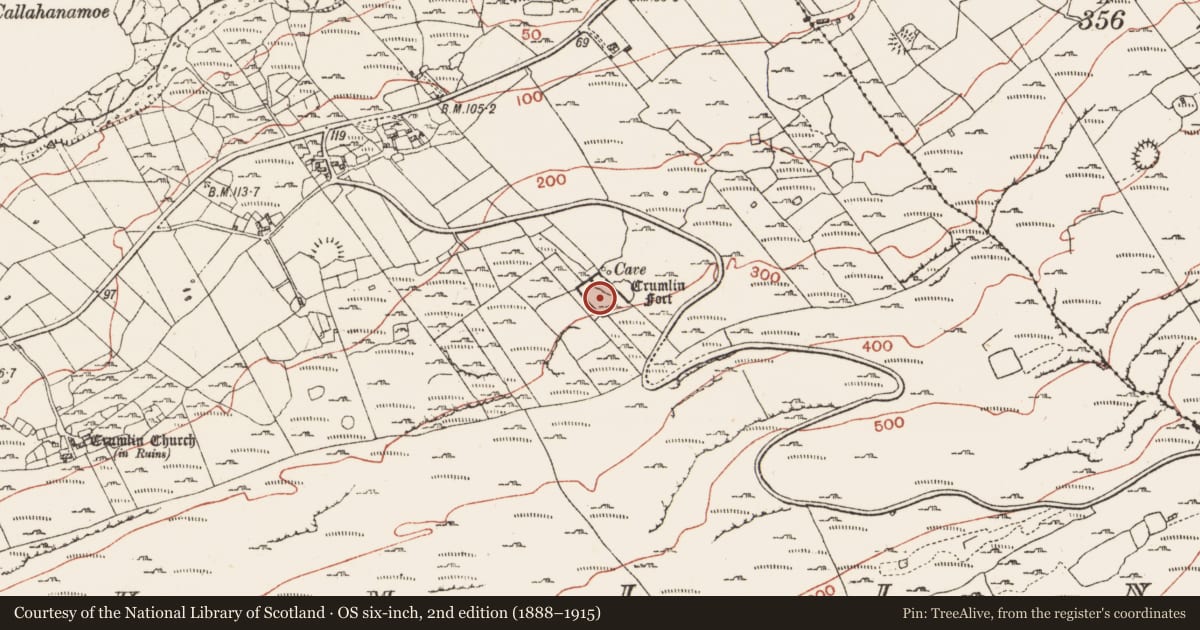 Ordnance Survey six-inch map, 2nd edition (1888–1915) covering the location of Ringfort - unclassified, Crumlin, County Clare, with a pin at the register's coordinates
