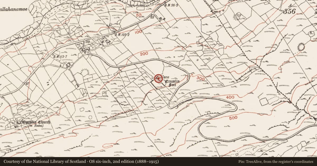 Ordnance Survey six-inch map, 2nd edition (1888–1915) covering the location of Souterrain, Crumlin, County Clare, with a pin at the register's coordinates