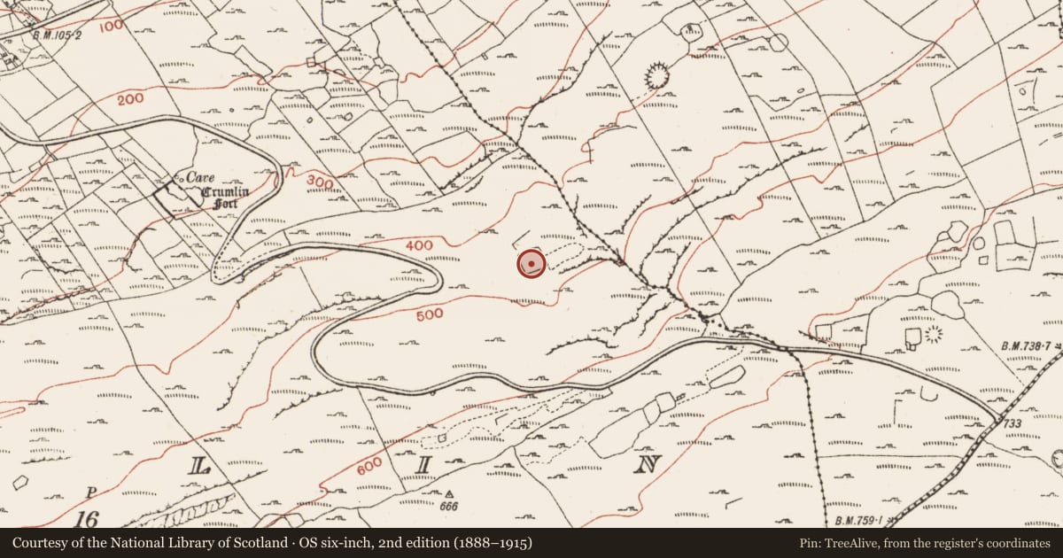Ordnance Survey six-inch map, 2nd edition (1888–1915) covering the location of Enclosure, Crumlin, County Clare, with a pin at the register's coordinates