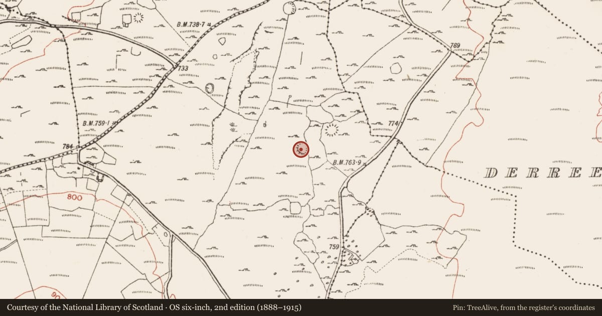 Ordnance Survey six-inch map, 2nd edition (1888–1915) covering the location of Ringfort - cashel, Knockauns Mountain, County Clare, with a pin at the register's coordinates