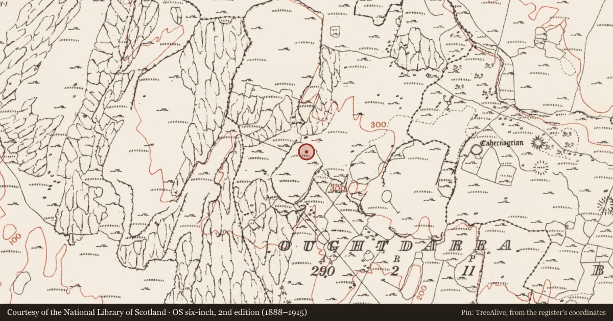 Ordnance Survey six-inch map, 2nd edition (1888–1915) covering the location of Hut site, Oughtdarra, County Clare, with a pin at the register's coordinates