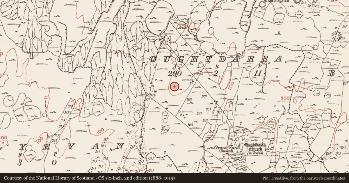 Ordnance Survey six-inch map, 2nd edition (1888–1915) covering the location of Enclosure, Oughtdarra, County Clare, with a pin at the register's coordinates