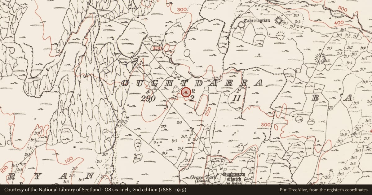 Ordnance Survey six-inch map, 2nd edition (1888–1915) covering the location of Hut site, Oughtdarra, County Clare, with a pin at the register's coordinates