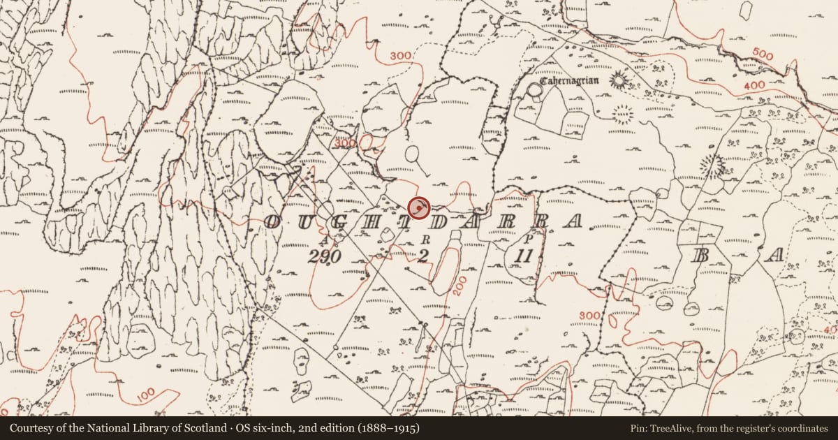 Ordnance Survey six-inch map, 2nd edition (1888–1915) covering the location of Enclosure, Oughtdarra, County Clare, with a pin at the register's coordinates