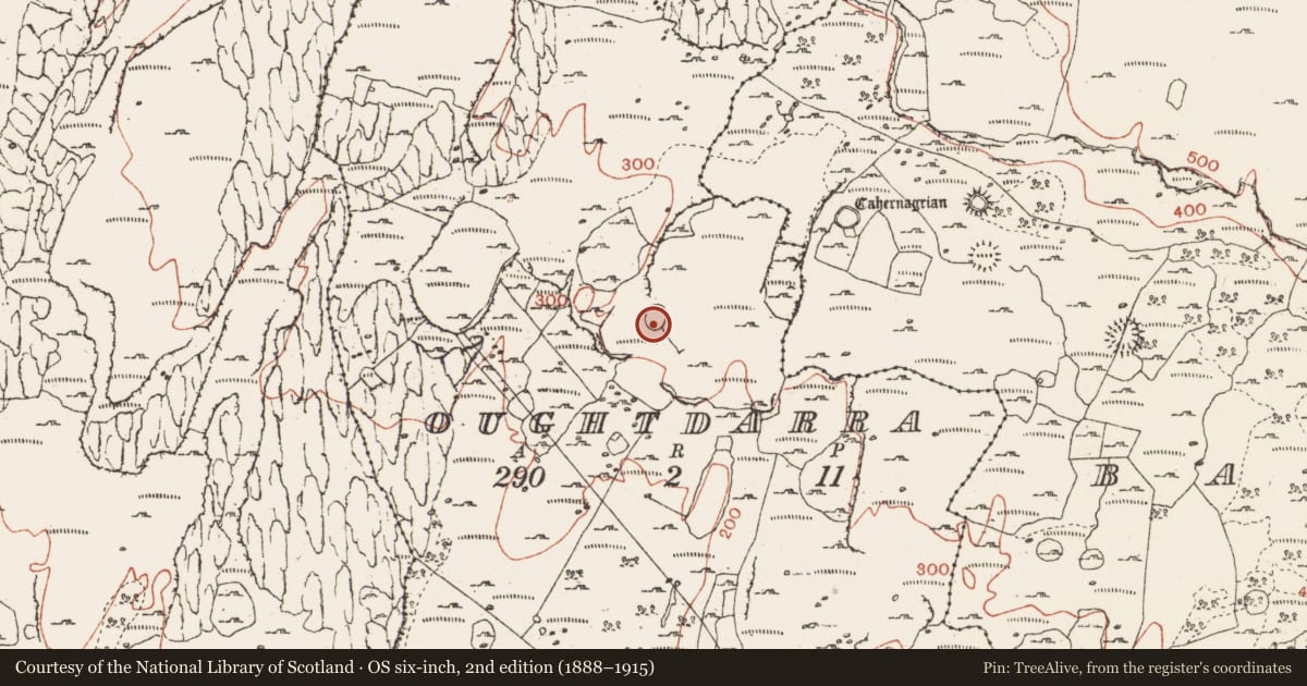 Ordnance Survey six-inch map, 2nd edition (1888–1915) covering the location of Ringfort - cashel, Oughtdarra, County Clare, with a pin at the register's coordinates