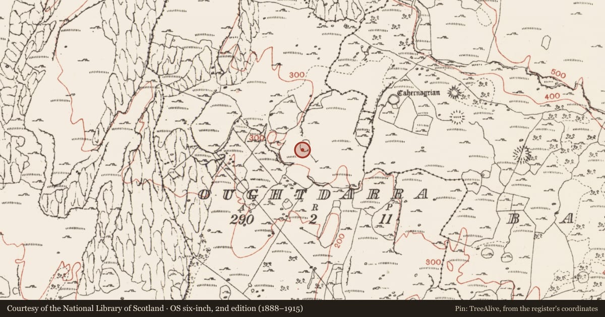 Ordnance Survey six-inch map, 2nd edition (1888–1915) covering the location of Megalithic structure, Oughtdarra, County Clare, with a pin at the register's coordinates