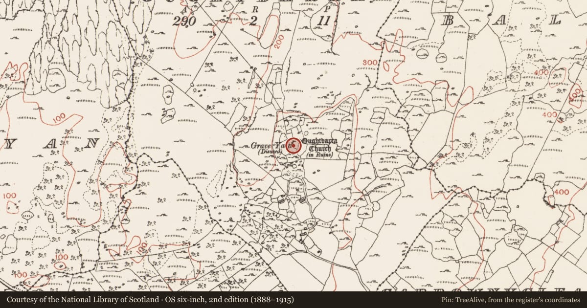 Ordnance Survey six-inch map, 2nd edition (1888–1915) covering the location of Church, Oughtdarra, County Clare, with a pin at the register's coordinates