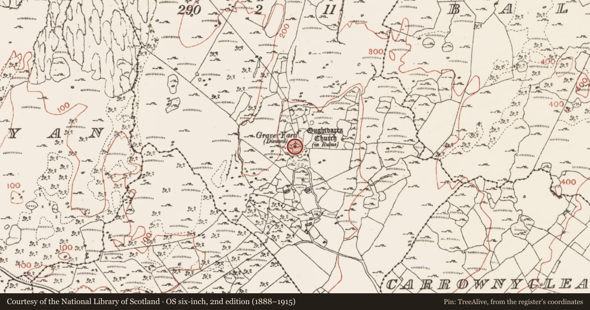 Ordnance Survey six-inch map, 2nd edition (1888–1915) covering the location of Souterrain, Oughtdarra, County Clare, with a pin at the register's coordinates