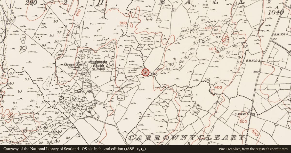 Ordnance Survey six-inch map, 2nd edition (1888–1915) covering the location of Ringfort - cashel, Ballynahown, Oughtdarra, County Clare, with a pin at the register's coordinates