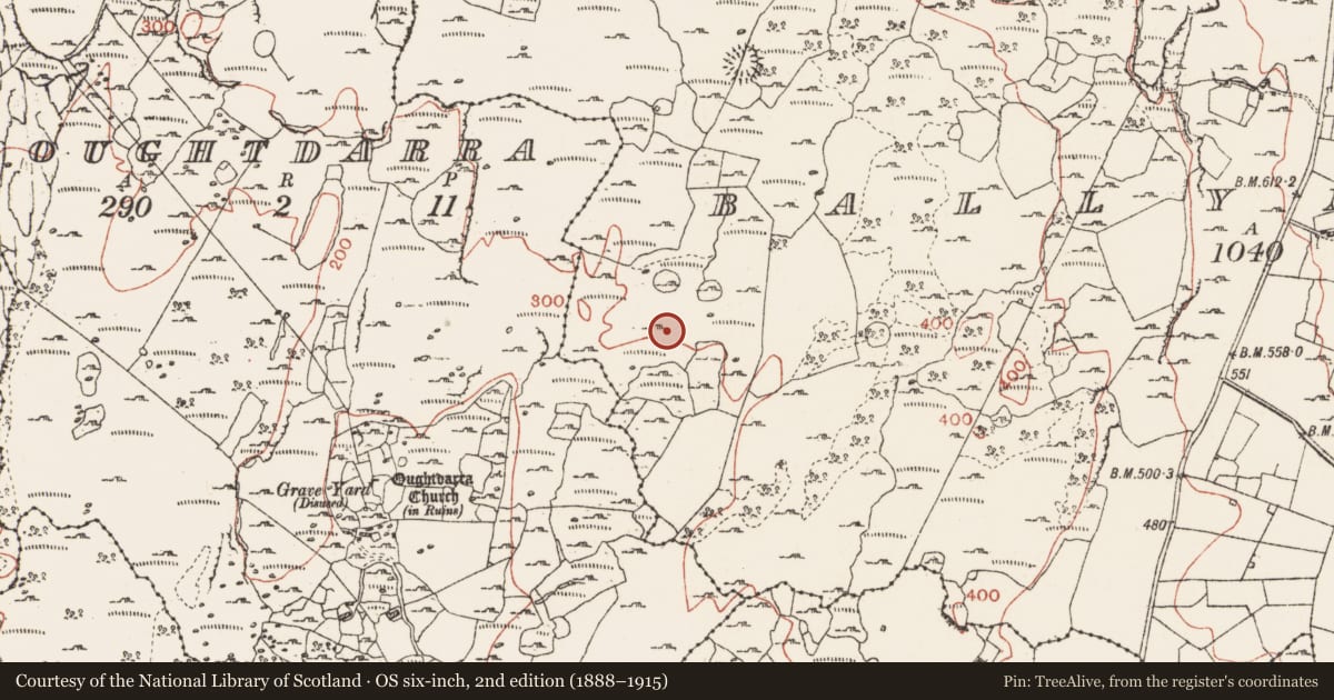 Ordnance Survey six-inch map, 2nd edition (1888–1915) covering the location of Hut site, Ballynahown, County Clare, with a pin at the register's coordinates