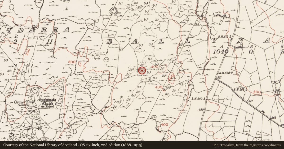 Ordnance Survey six-inch map, 2nd edition (1888–1915) covering the location of Ringfort - cashel, Ballynahown, County Clare, with a pin at the register's coordinates