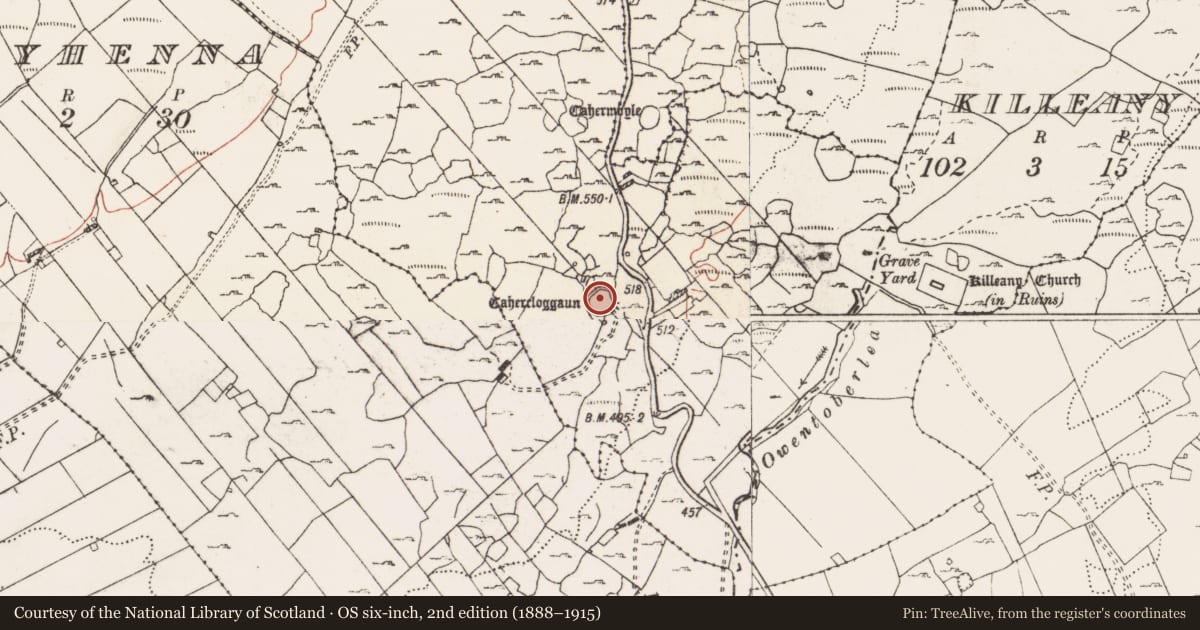 Ordnance Survey six-inch map, 2nd edition (1888–1915) covering the location of Ringfort - cashel, Cahercloggaun, County Clare, with a pin at the register's coordinates