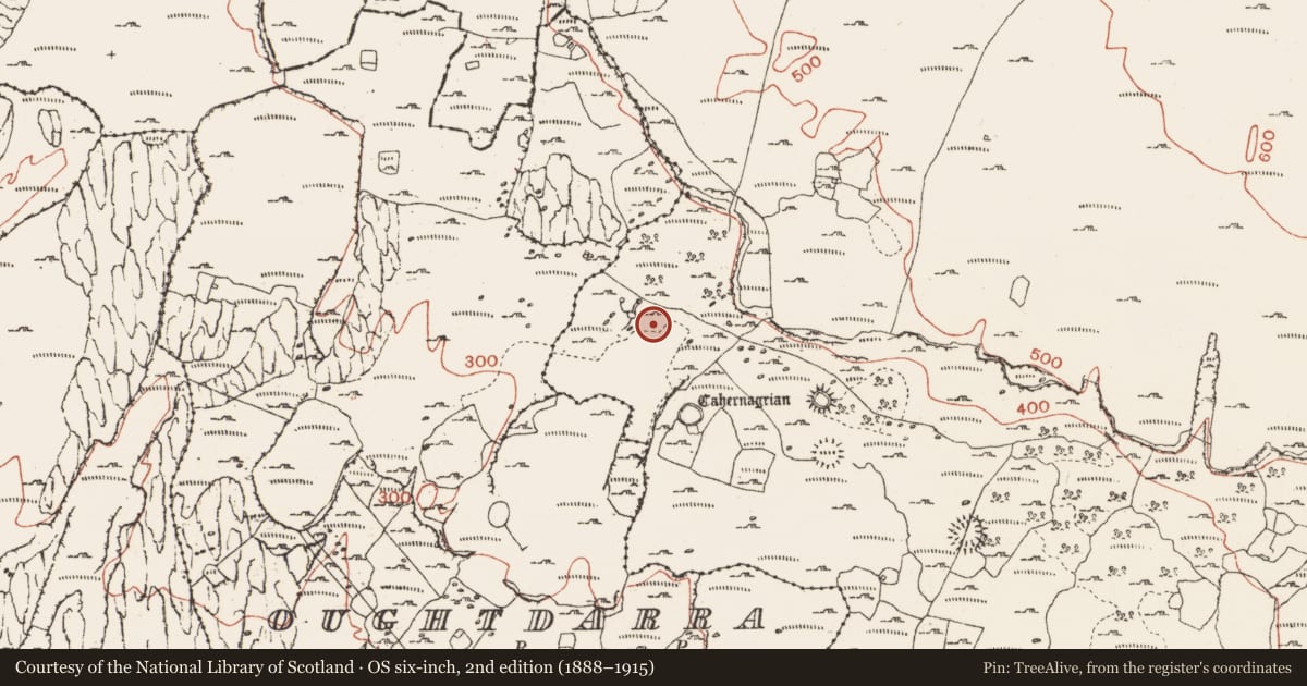 Ordnance Survey six-inch map, 2nd edition (1888–1915) covering the location of Fulacht fia, Ballynahown, County Clare, with a pin at the register's coordinates