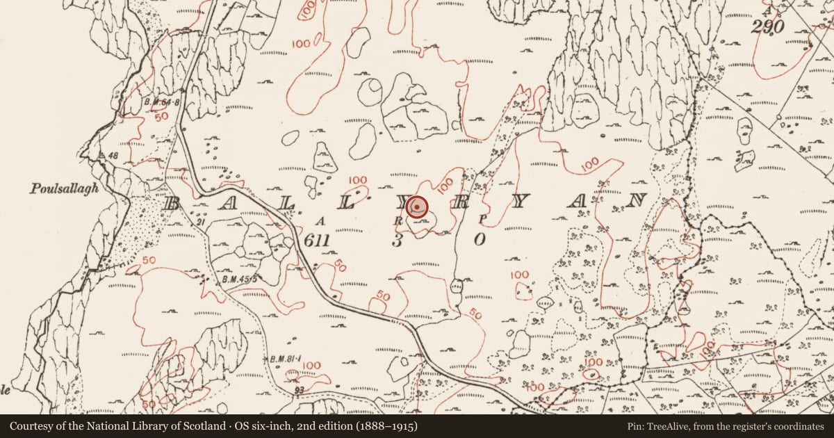 Ordnance Survey six-inch map, 2nd edition (1888–1915) covering the location of Ringfort - cashel, Ballyryan, County Clare, with a pin at the register's coordinates