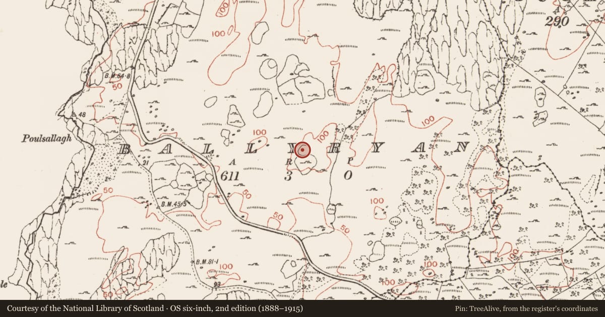 Ordnance Survey six-inch map, 2nd edition (1888–1915) covering the location of Souterrain, Ballyryan, County Clare, with a pin at the register's coordinates