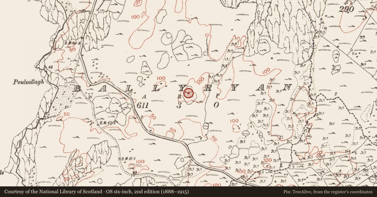 Ordnance Survey six-inch map, 2nd edition (1888–1915) covering the location of House - indeterminate date, Ballyryan, County Clare, with a pin at the register's coordinates