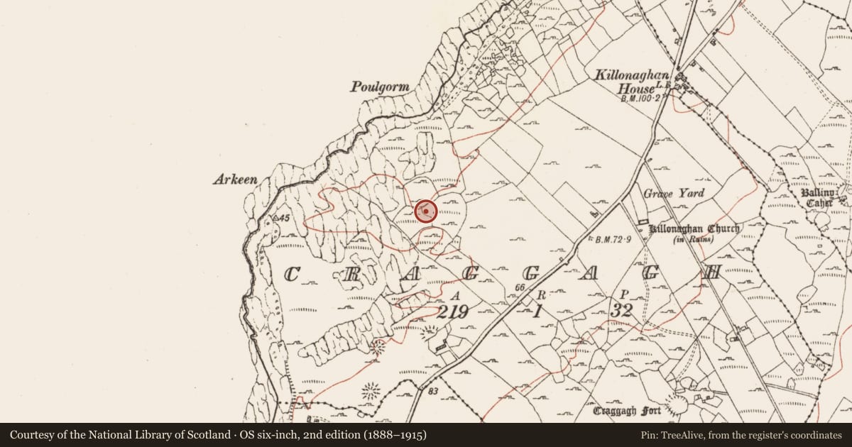 Ordnance Survey six-inch map, 2nd edition (1888–1915) covering the location of Ringfort - cashel, Craggagh, County Clare, with a pin at the register's coordinates