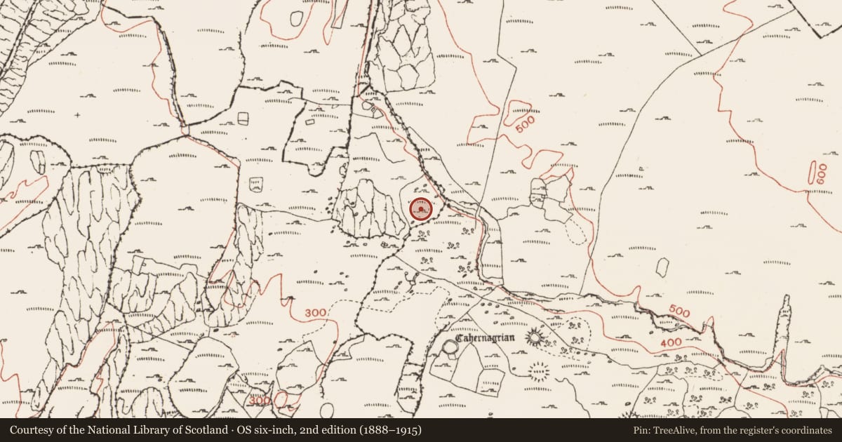 Ordnance Survey six-inch map, 2nd edition (1888–1915) covering the location of Hut site, Oughtdarra, County Clare, with a pin at the register's coordinates