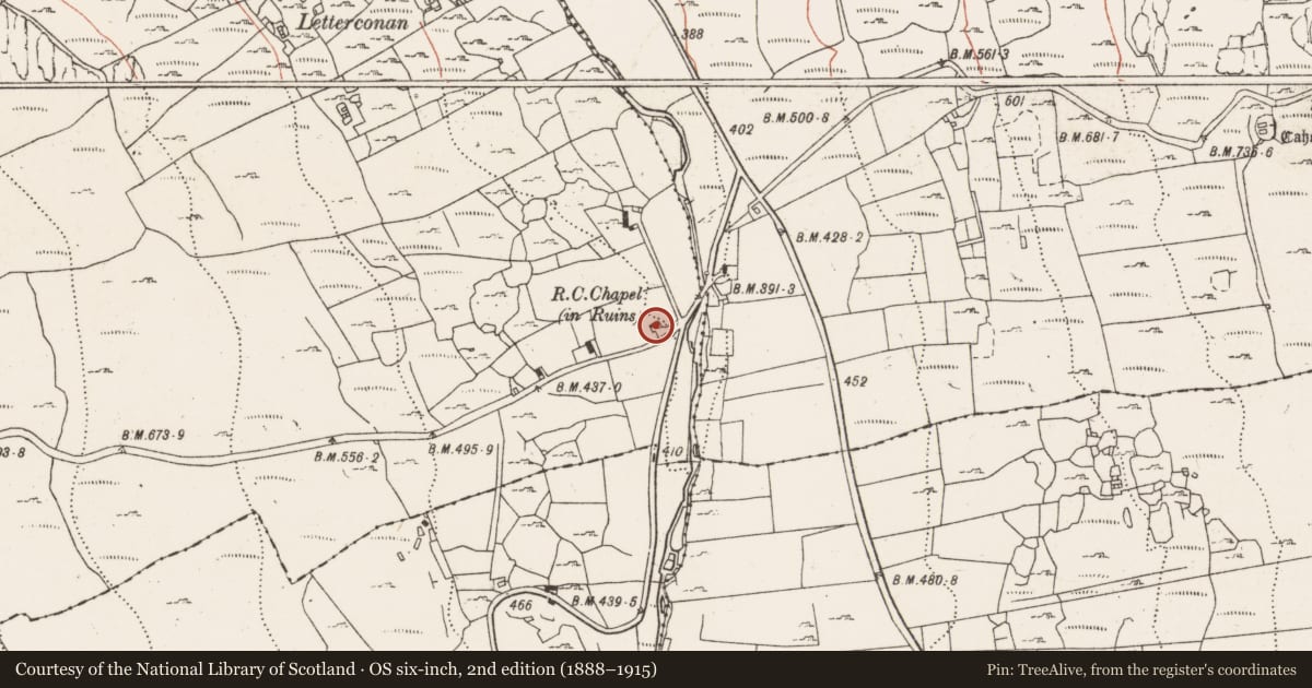 Ordnance Survey six-inch map, 2nd edition (1888–1915) covering the location of Bullaun stone, Formoyle West, County Clare, with a pin at the register's coordinates