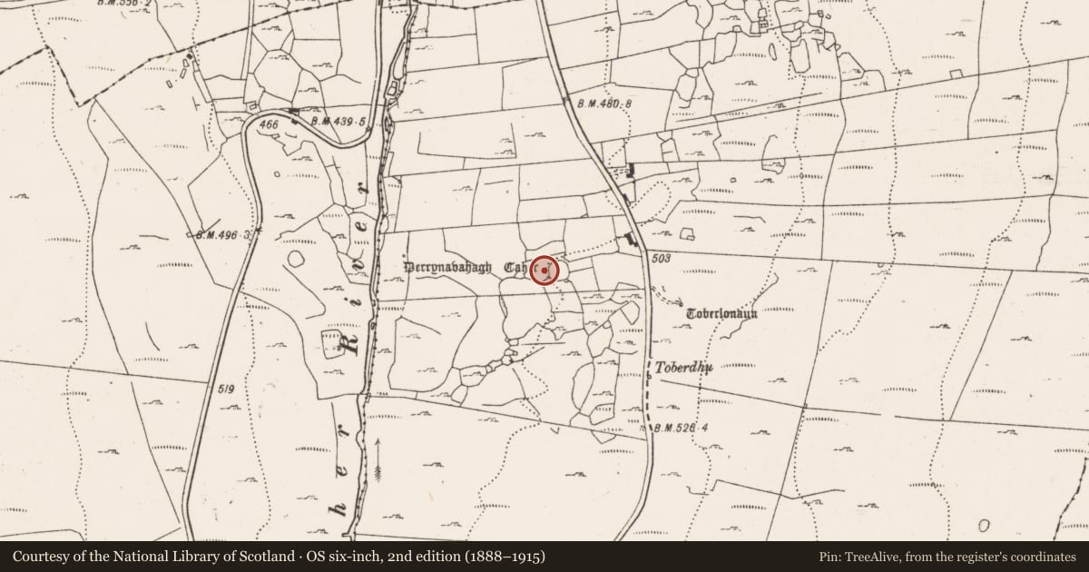 Ordnance Survey six-inch map, 2nd edition (1888–1915) covering the location of Enclosure, Derrynavahagh, County Clare, with a pin at the register's coordinates